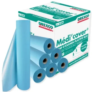 Draps d'examen bleus plastifiés 2 plis, ouate de cellulose - carton de 6 rouleaux de 180 feuilles